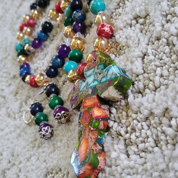 Handmade Gemstone Necklace Set Jasper Cross - Picture 6 of 8